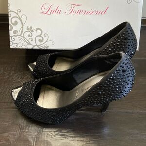 Lulu Townsend Black Satin & Rhinestone Peep Toe Heels Size 9.5